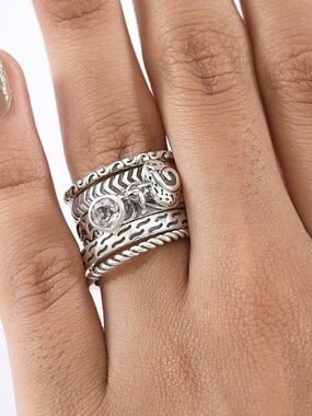 New In Box Set Of 5 Passage To Israel Sterling Silver Rings .60ct White Topaz 8